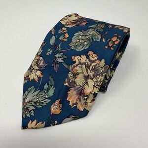 Hugo Boss Mens 55x3.75" Silk Tie Blue Gold Floral Art Nouveau Italy Made Necktie